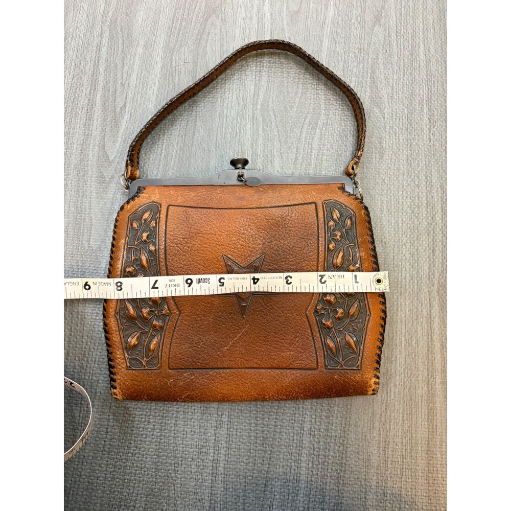 Vintage Meeker Made Tooled Leather OES Eastern Star Handbag Brown Masonic - Picture 8 of 15